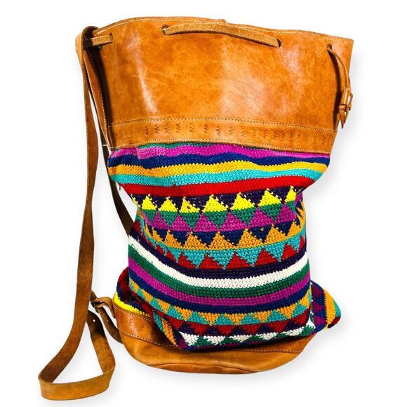 Vintage 90s Traditional Ethnic Leather Knit Drawstring Bucket Bag Multi Unisex - Picture 4 of 10